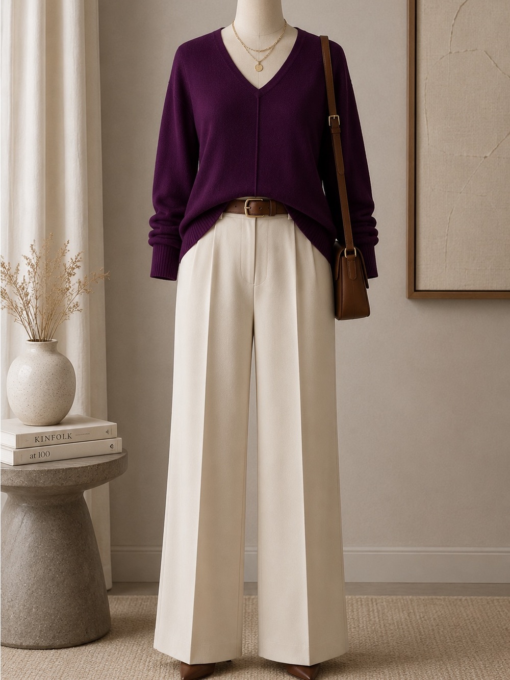 Belford 100% Cashmere Plum Purple V-Neck Sweater Front Seam Sz Large